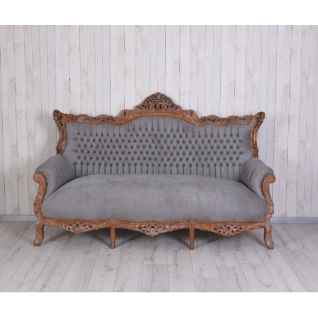Sofa baroc din lemn mahon cu tapiterie gri