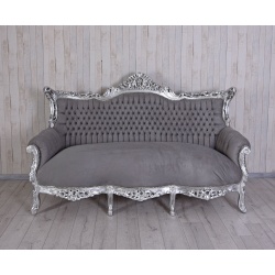 Sofa baroc din lemn masiv argintiu cu tapiterie gri