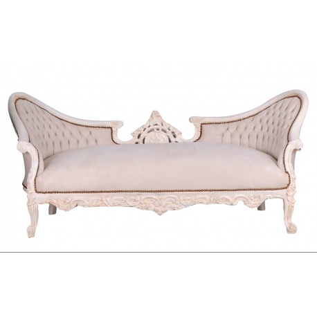 Sofa rococo din lemn masiv alb cu tapiterie crem
