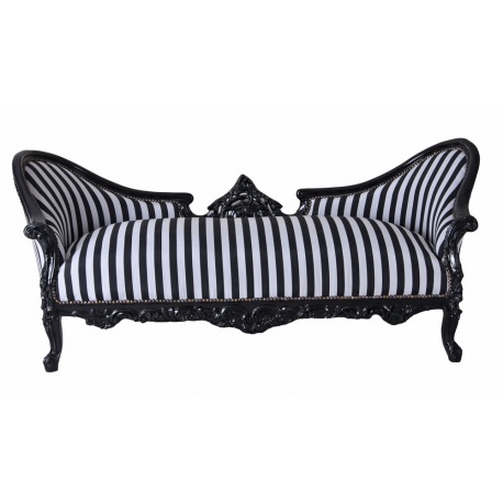 Sofa rococo din lemn masiv negru cu tapiterie in dungi