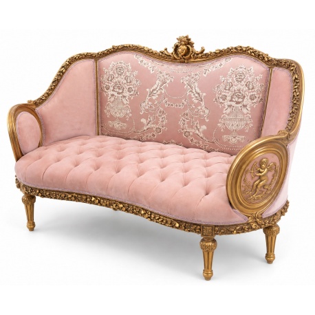 Sofa baroc din lemn masiv cu tapiterie roz și Cupidoni