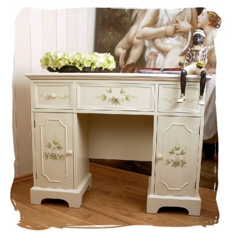 Birou din lemn masiv alb cu flori