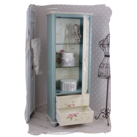 Vitrina din lemn masiv bleu cu flori