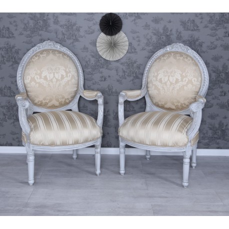 Fotoliu baroc din lemn masiv gri cu tapiterie bej