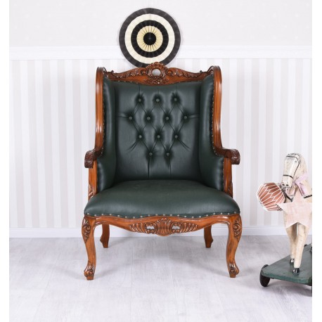 Fotoliu Chesterfield din lemn mahon cu tapiterie verde