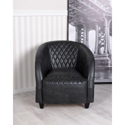 Fotoliu retro din lemn masiv cu piele groasa neagra