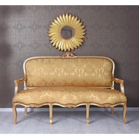 Sofa trei locuri din lemn auriu cu tapiterie din matase aurie